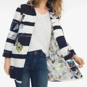 Chico's Postcard Stamp Navy Blue White Striped Pea Jacket - Size: 2  12-14